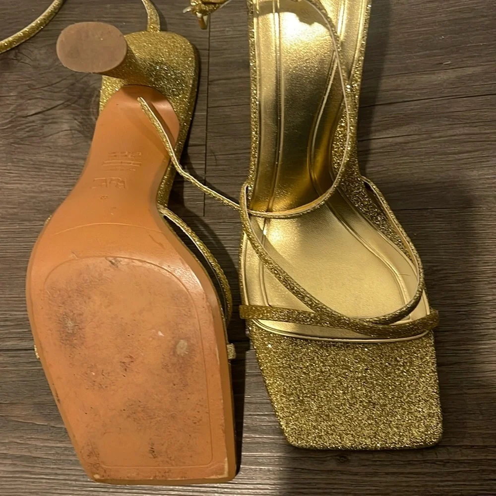 Zara Metallic Gold Cross Band Ankle Strap Sandal - Picture 7 of 8